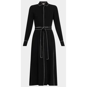 Lafayette‎ 148 Womens Black Finesse Crepe Piped Belted Midi Shirtdress Black 12